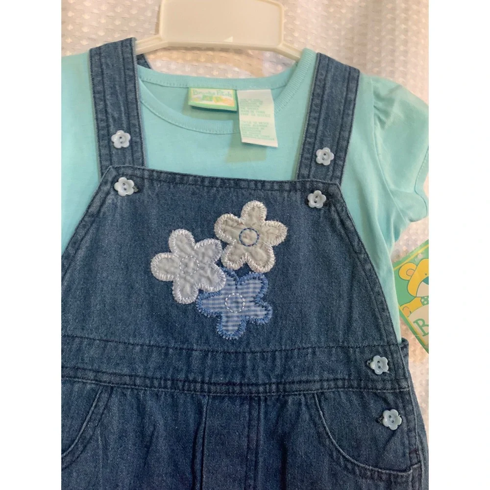 Brooks Fitch Baby Girls 12M Denim Floral Overalls &‎ Mint T-Shirt 2pc Set NWT
